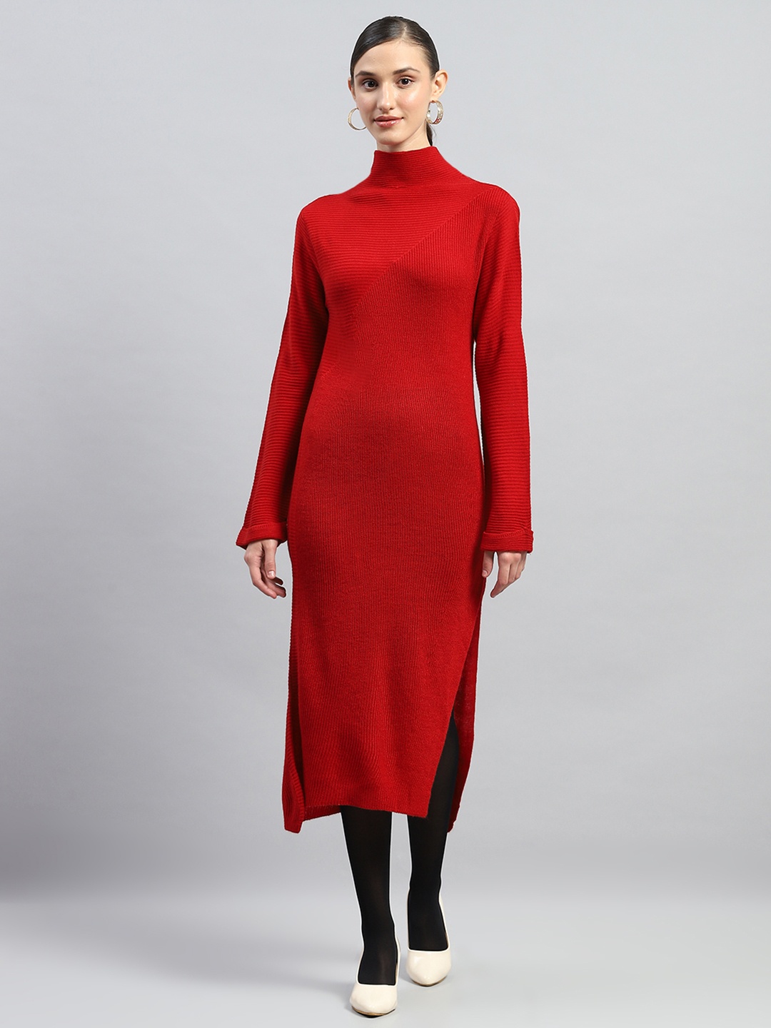 

Monte Carlo Women Self Design Turtle neck Full Sleeves Midi Dress, Red