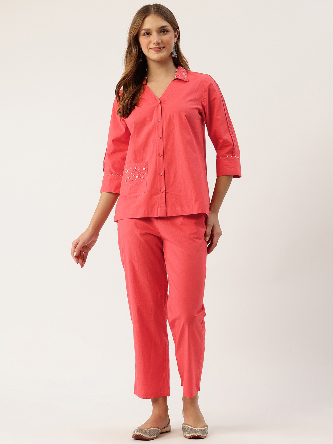 

MISRI Embellished Pure Cotton Co-Ords, Coral