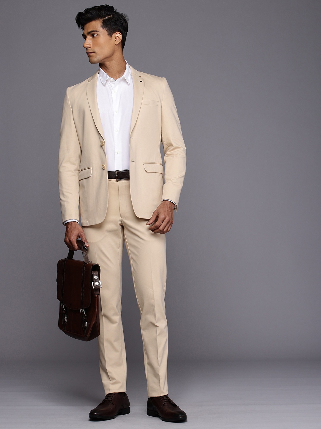 

Louis Philippe Super Slim-Fit Single-Breasted Two-Piece Formal Suit, Cream