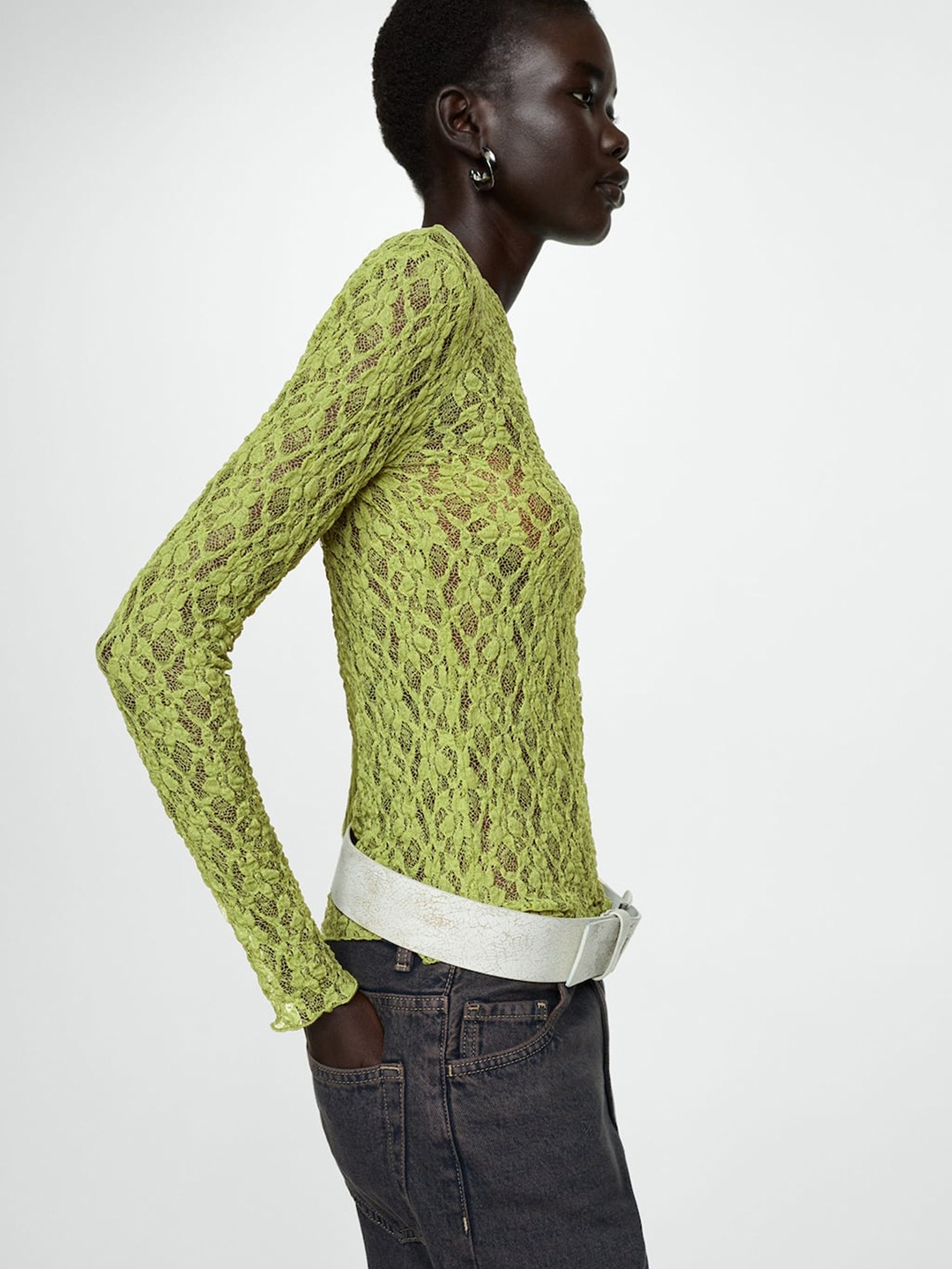 

MANGO Boat Neck Open Knit Lace Top, Lime green