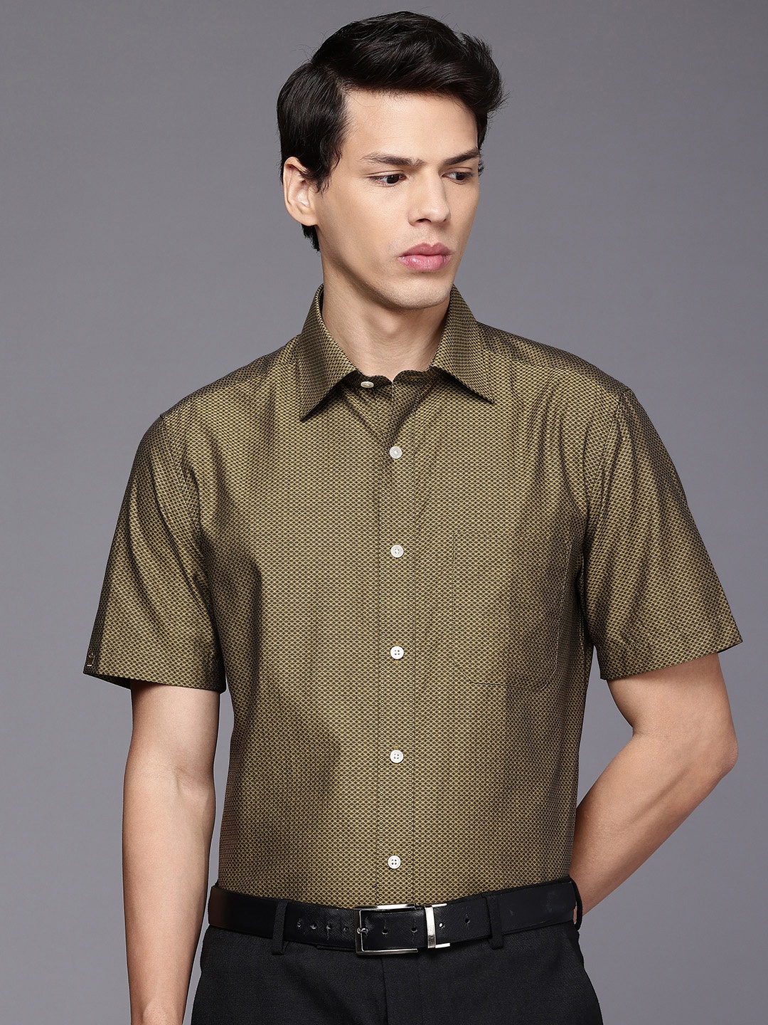 

Louis Philippe Classic Fit Textured Pure Cotton Formal Shirt, Olive