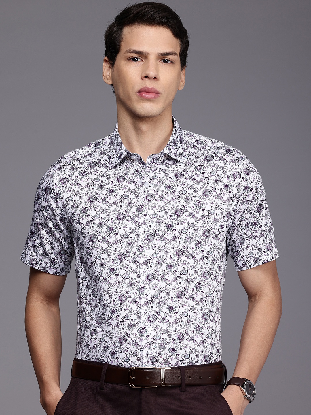

Louis Philippe Pure Cotton Slim Fit Floral Printed Formal Shirt, White