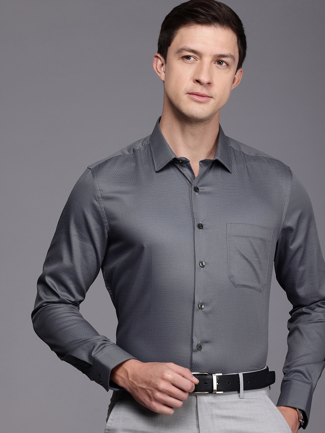 

Louis Philippe Slim Fit Textured Pure Cotton Formal Shirt, Grey