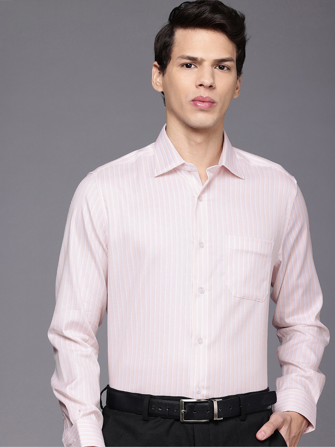 

Louis Philippe Classic Fit Striped Formal Shirt, Peach