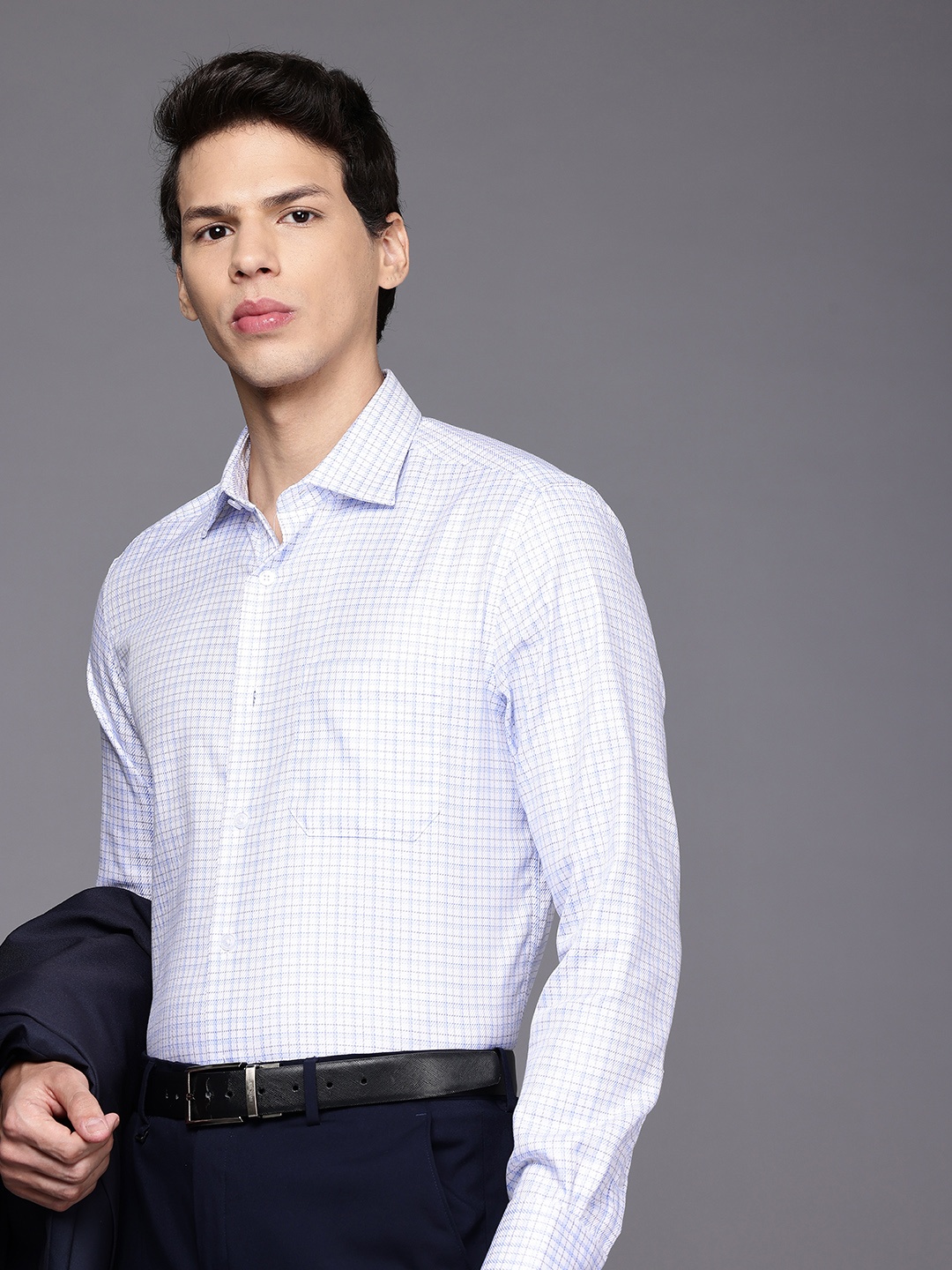

Louis Philippe Classic Fit Checked Pure Cotton Formal Shirt, Blue
