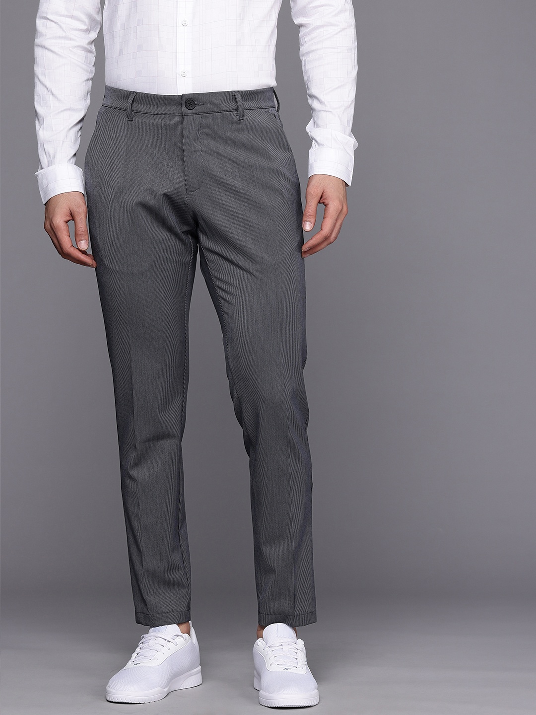 

Louis Philippe Ath.Work Men Striped Comfort Fit Formal Trousers, Grey