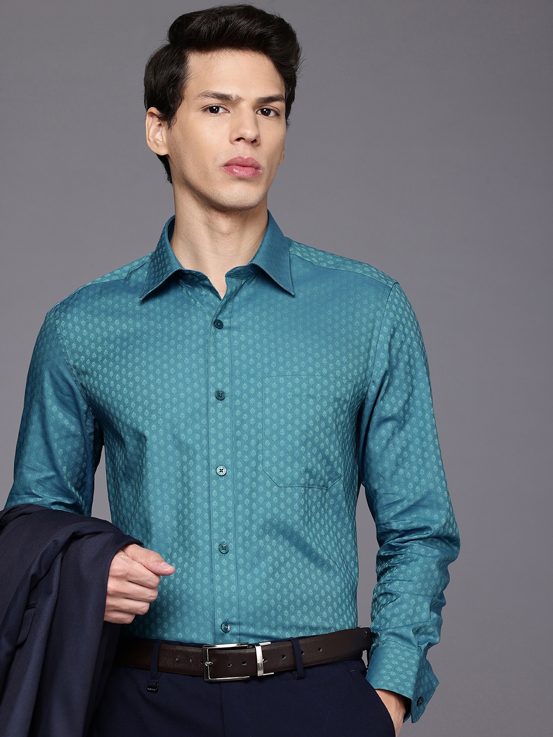 

Louis Philippe Pure Cotton Classic Fit Ethnic Motifs Self Design Formal Shirt, Teal