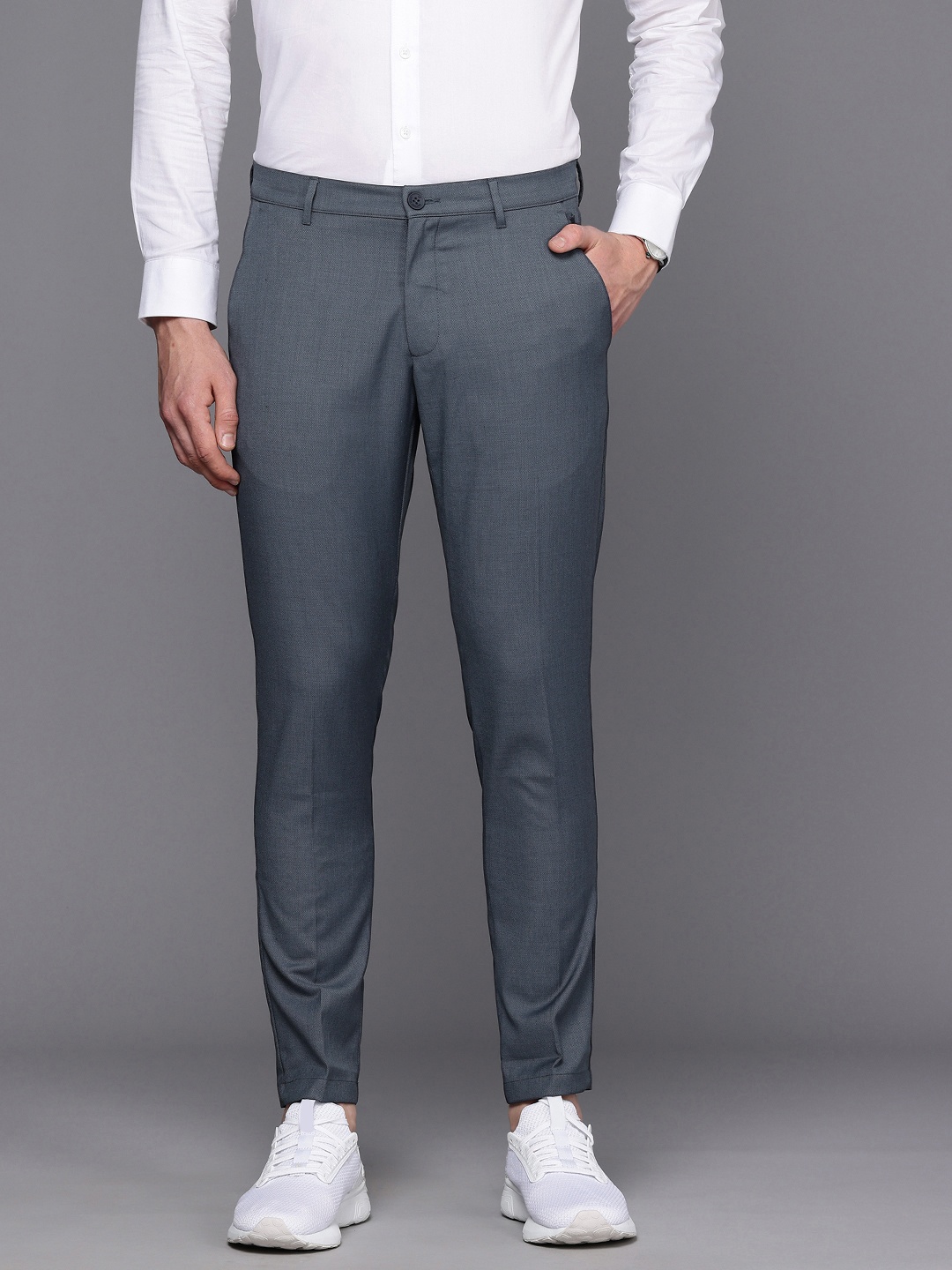 

Louis Philippe Ath.Work Men Self-Design Comfy Tapered Fit Chinos Trousers, Blue