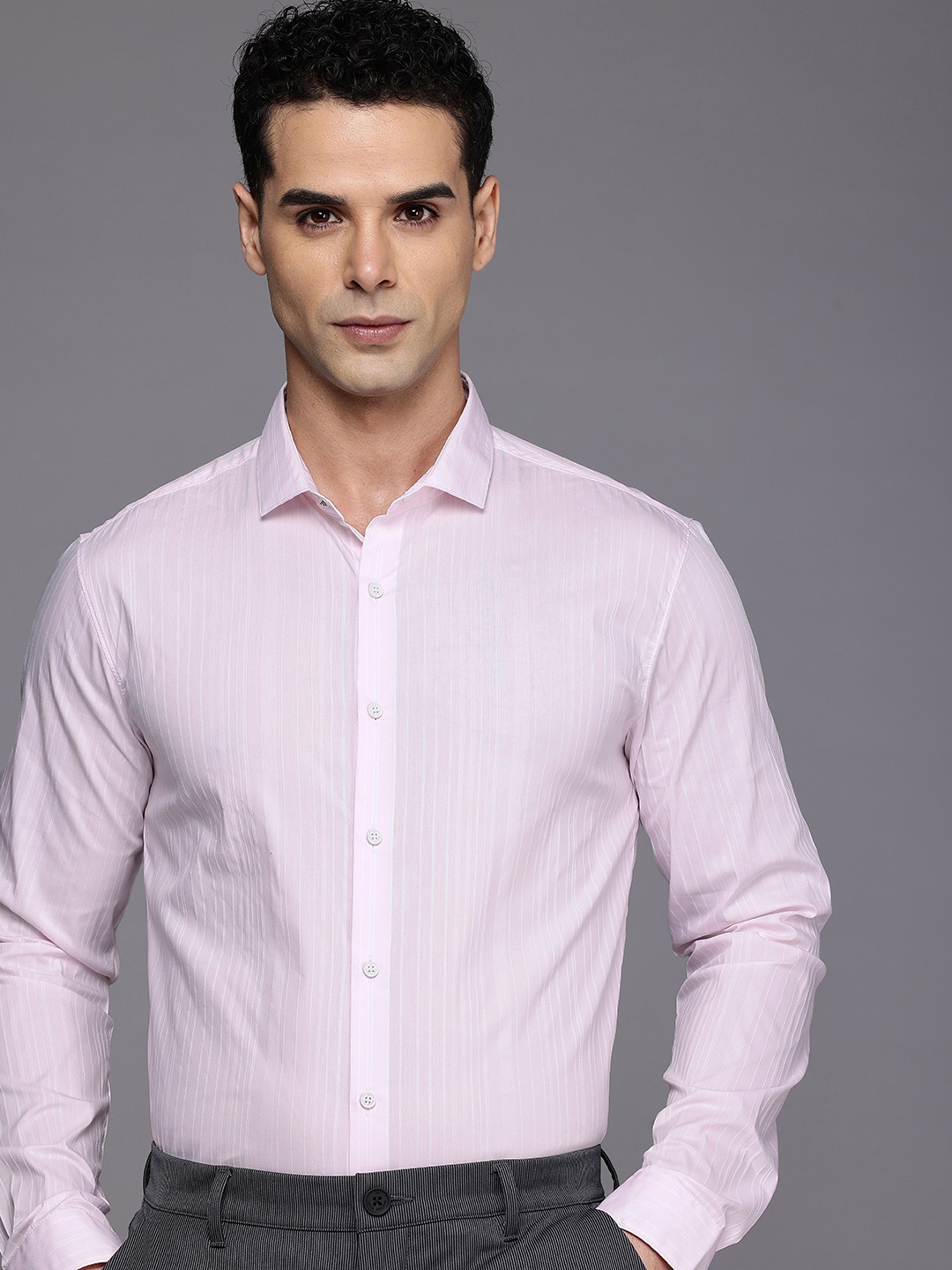 

Louis Philippe Ath.Work Super Slim Fit Opaque Striped Semiformal Shirt, Pink