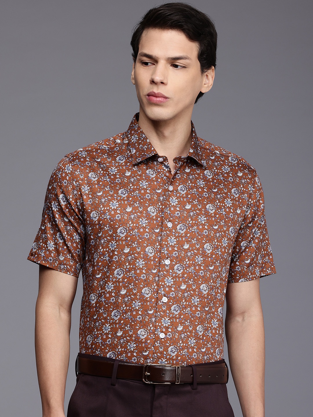 

Louis Philippe Slim Fit Floral Printed Pure Cotton Formal Shirt, Rust