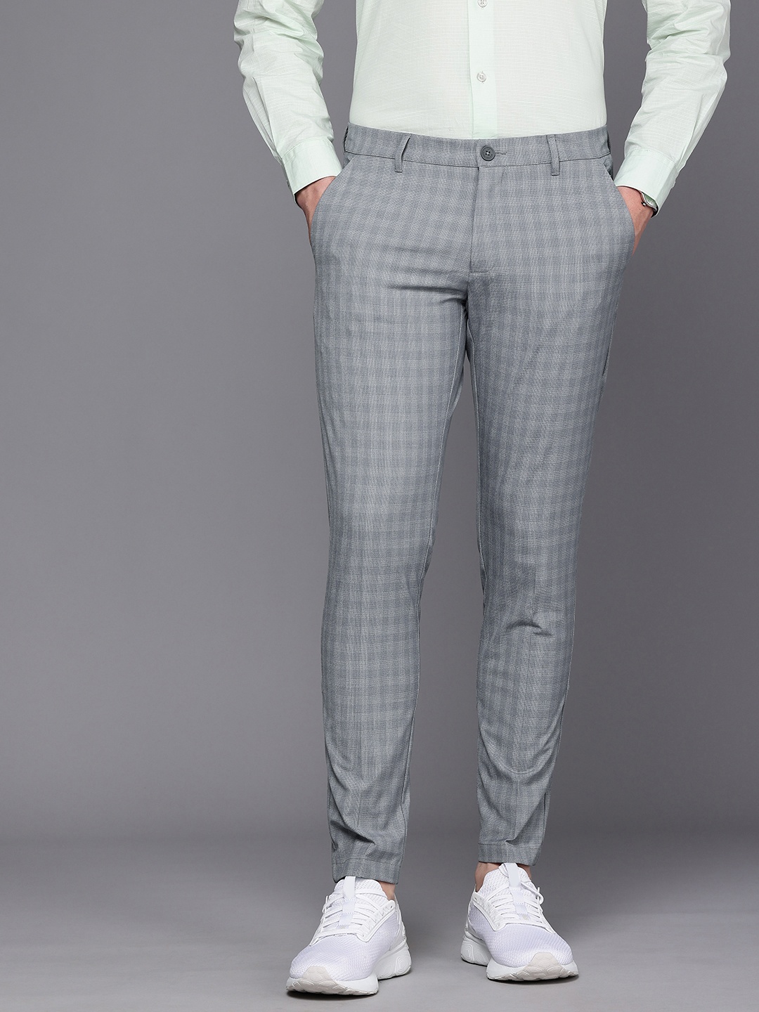 

Louis Philippe Ath.Work Men Checked Comfy Tapered Fit Chinos Trousers, Grey