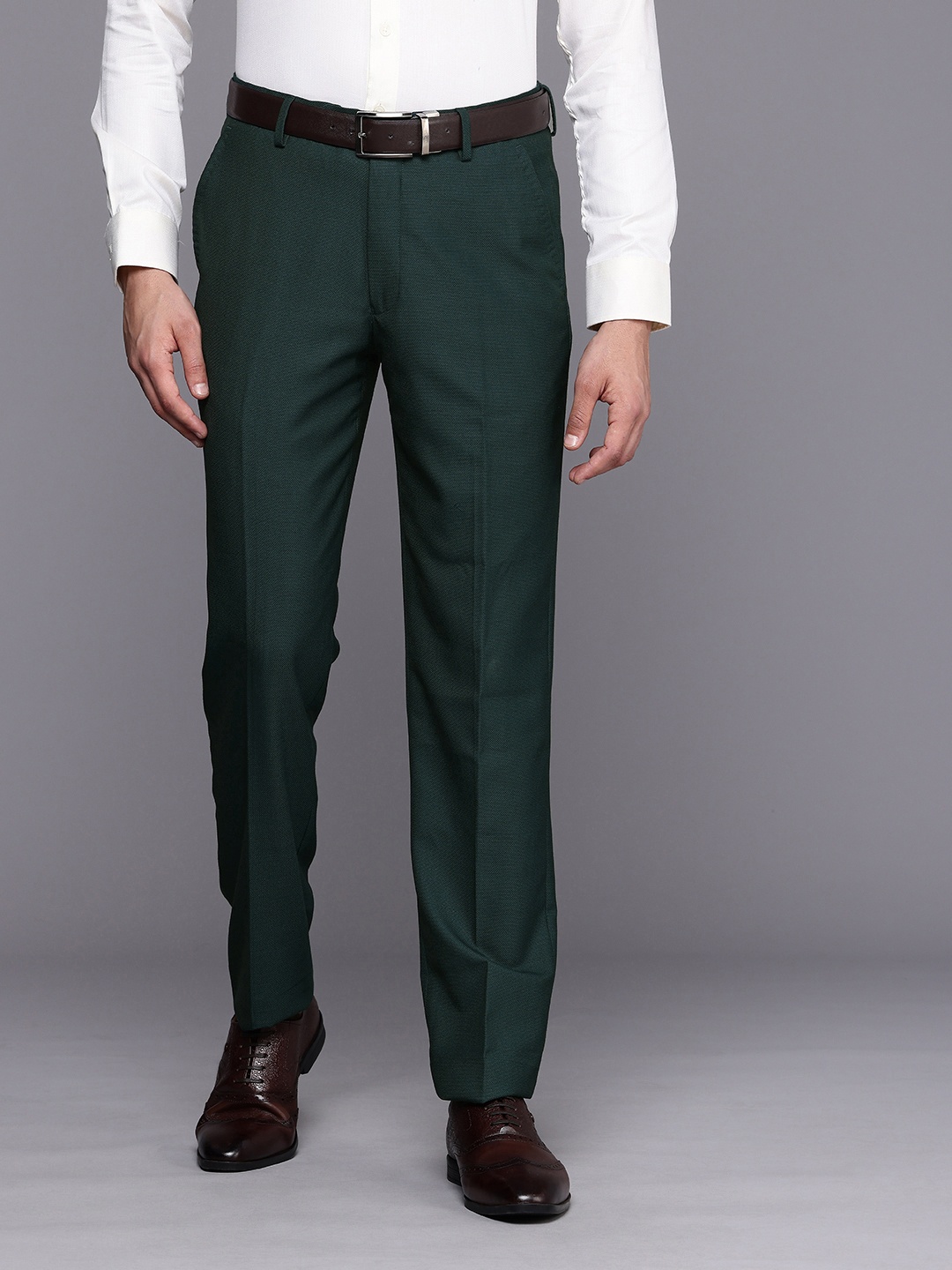 

Louis Philippe Men Textured Slim Fit Formal Trousers, Green