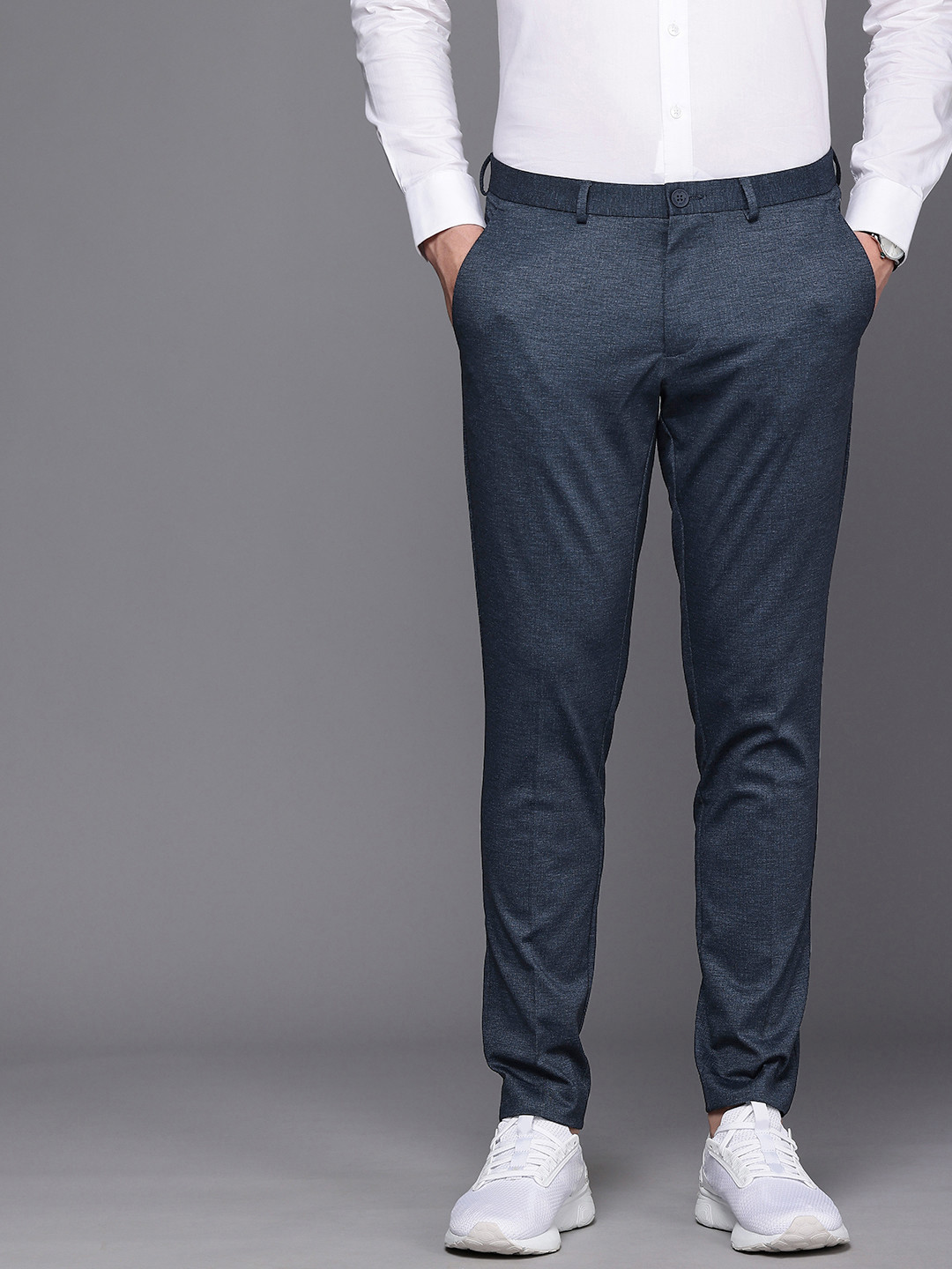 

Louis Philippe Ath.Work Men Comfy Tapered Fit Low-Rise Trousers, Navy blue