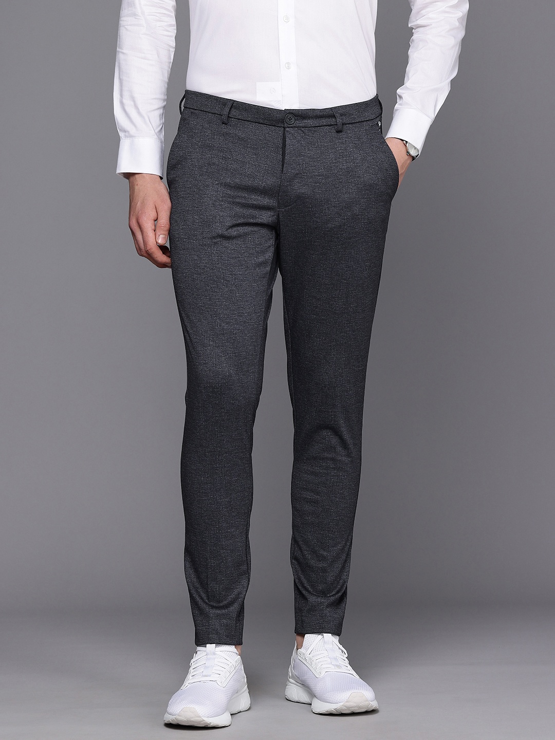 

Louis Philippe Ath.Work Men Comfy Tapered Fit Low-Rise Trousers, Navy blue