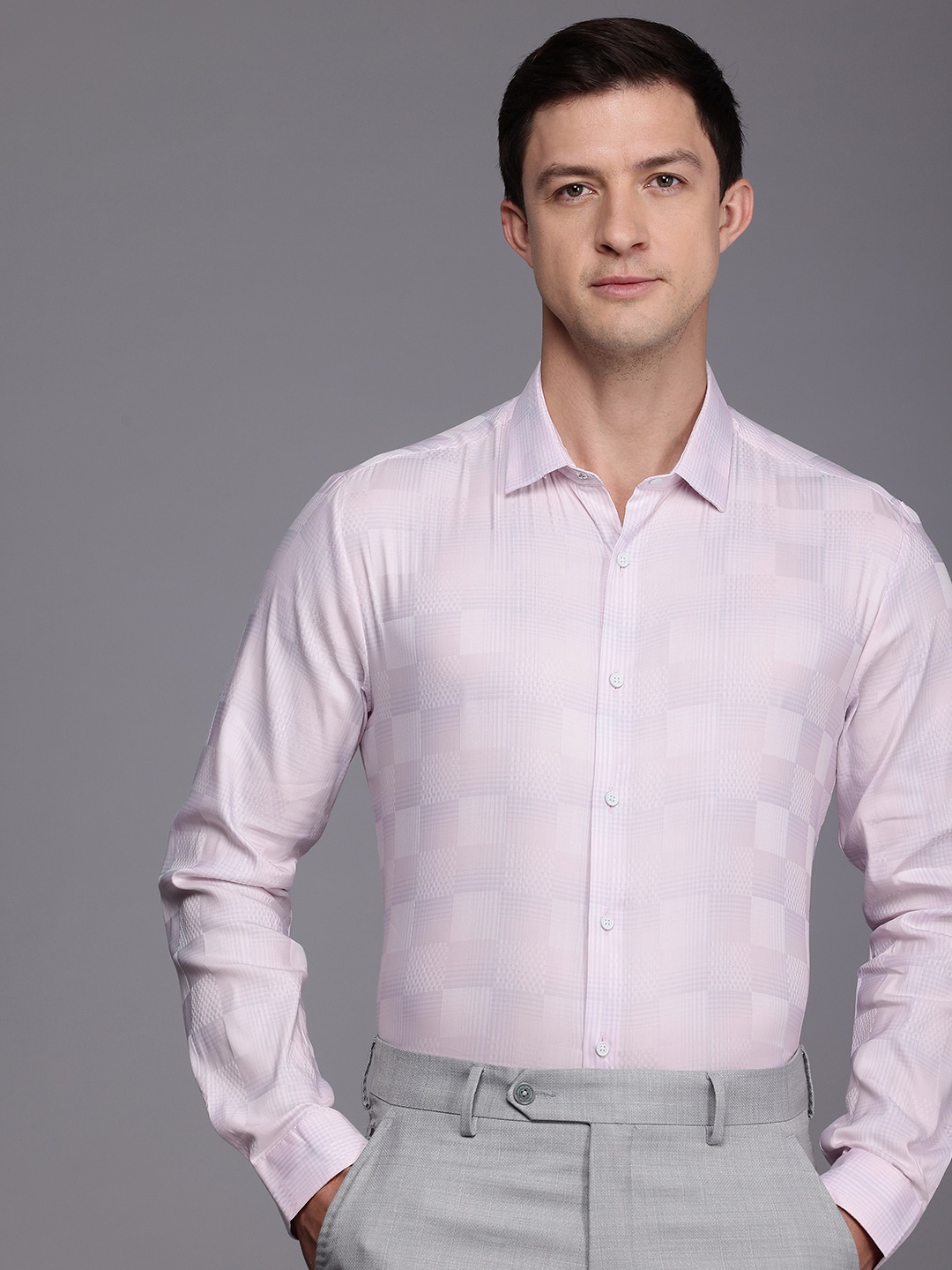 

Louis Philippe Ath.Work Super Slim Fit Checked Textured Semiformal Shirt, Pink