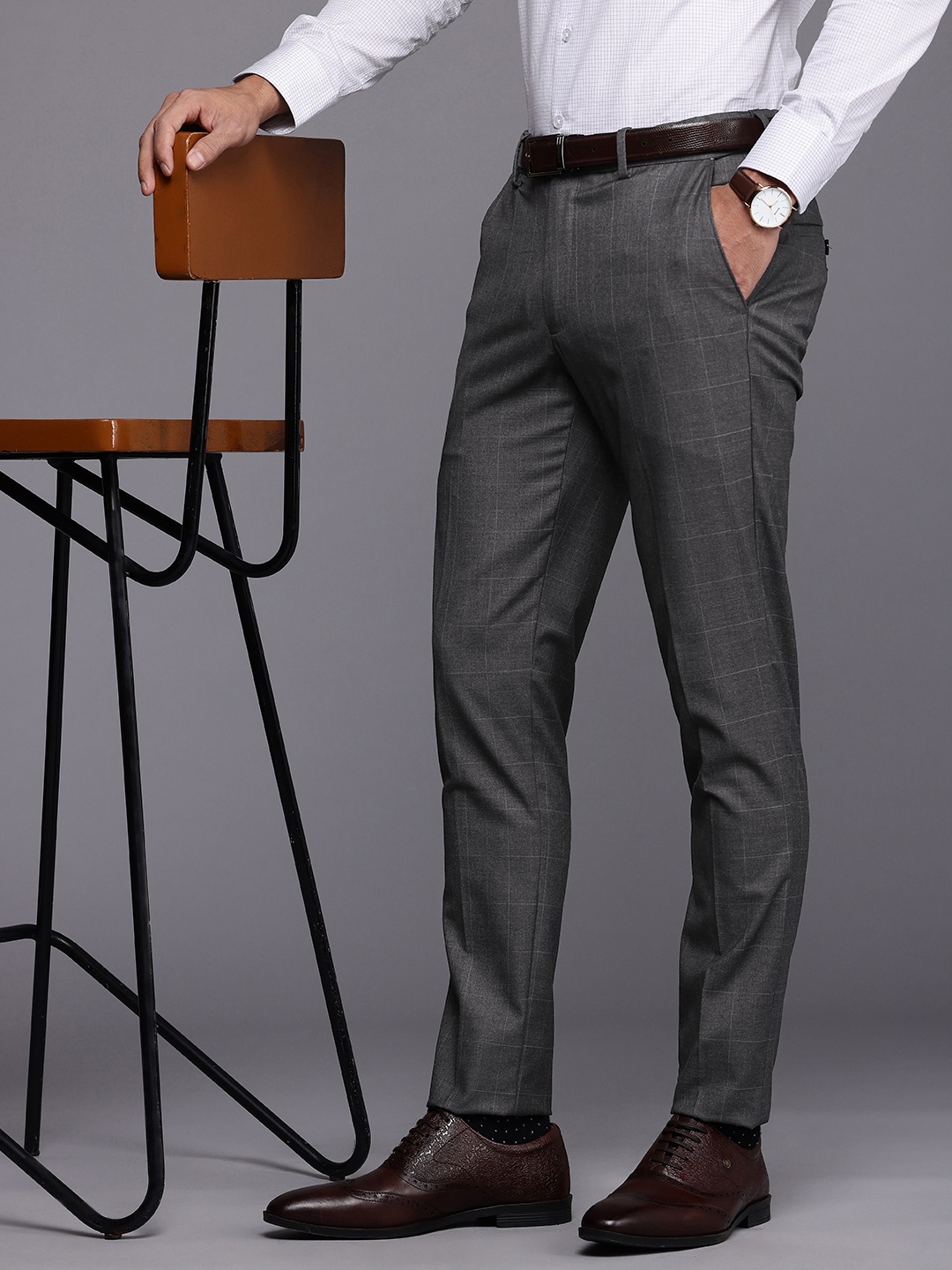 

Louis Philippe Men Checked Slim Tapered Fit Formal Trousers, Grey
