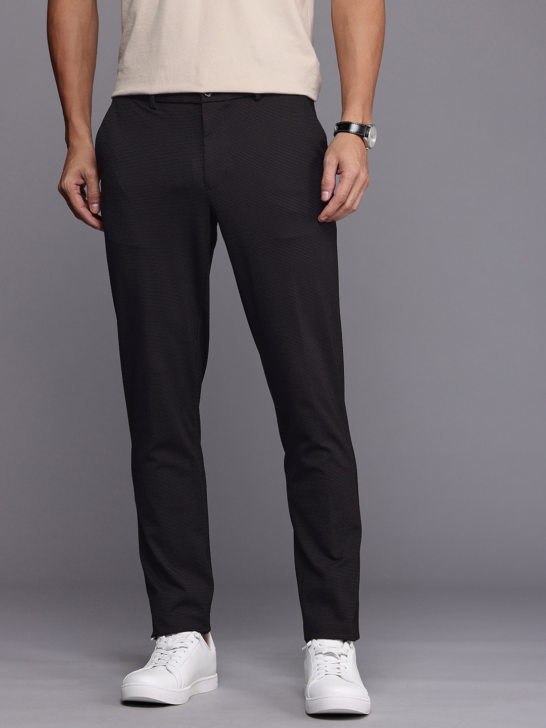 

Louis Philippe Men Micro Ditsy Printed Slim Fit Casual Trousers, Black