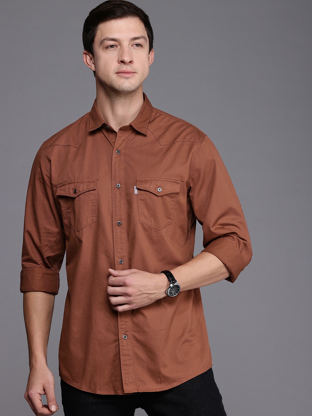 

Louis Philippe Jeans Slim Fit Opaque Pure Cotton Casual Shirt, Brown