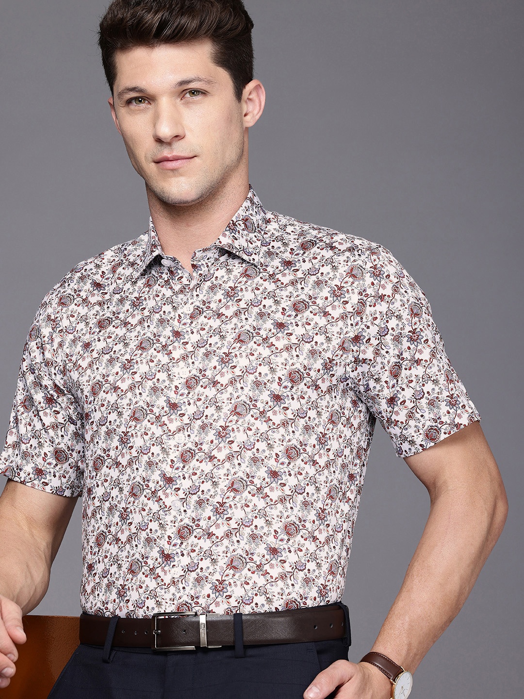 

Louis Philippe Slim Fit Floral Printed Pure Cotton Formal Shirt, White