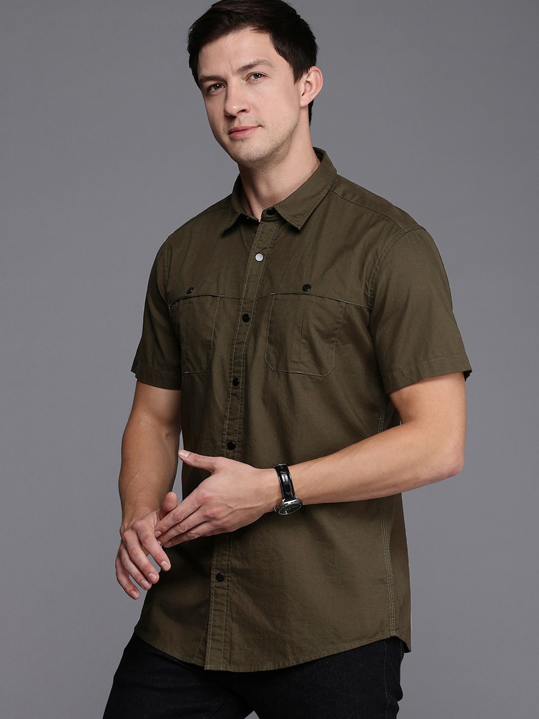 

Louis Philippe Jeans Pure Cotton Slim Fit Opaque Casual Shirt, Olive