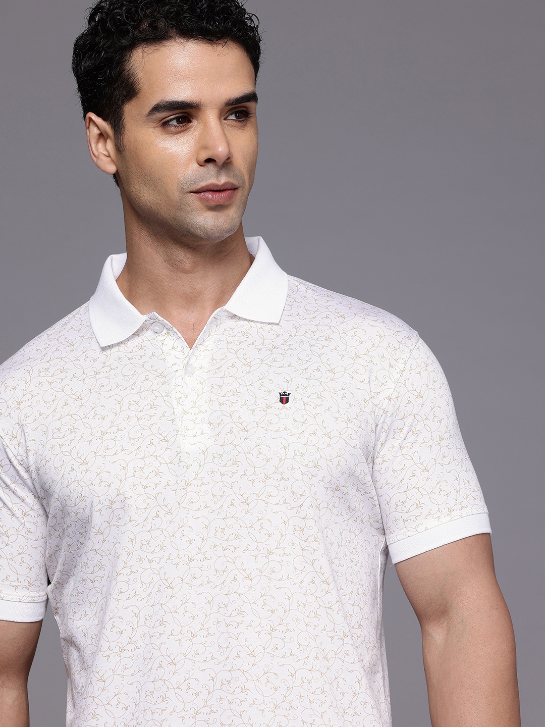 

Louis Philippe Sport Floral Printed Polo Collar Pure Cotton Slim Fit T-shirt, White