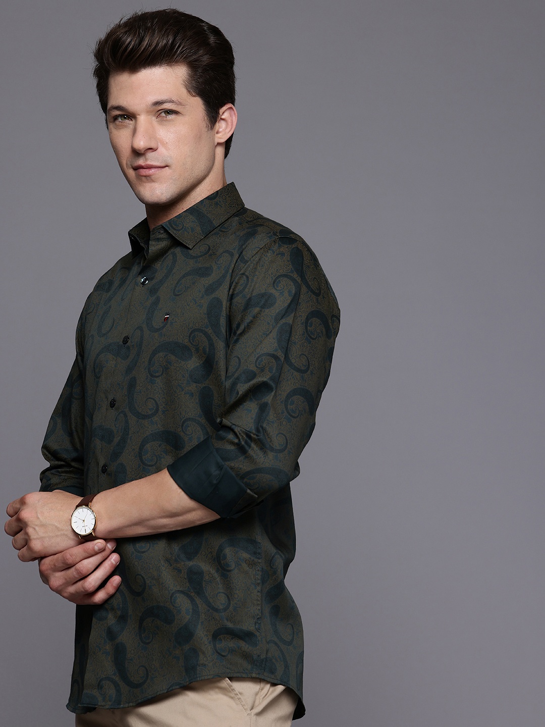 

Louis Philippe Sport Slim Fit Ethnic Motifs Printed Pure Cotton Shirt, Navy blue