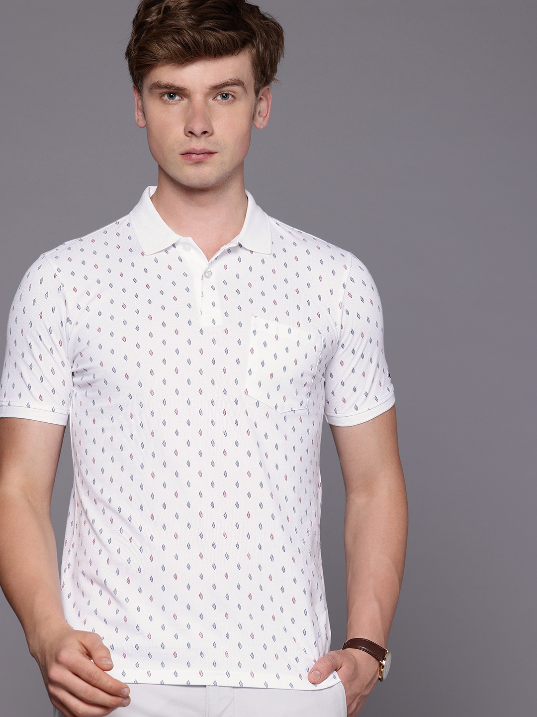 

Louis Philippe Sport Geometric Printed Polo Collar Pure Cotton Slim Fit T-shirt, White