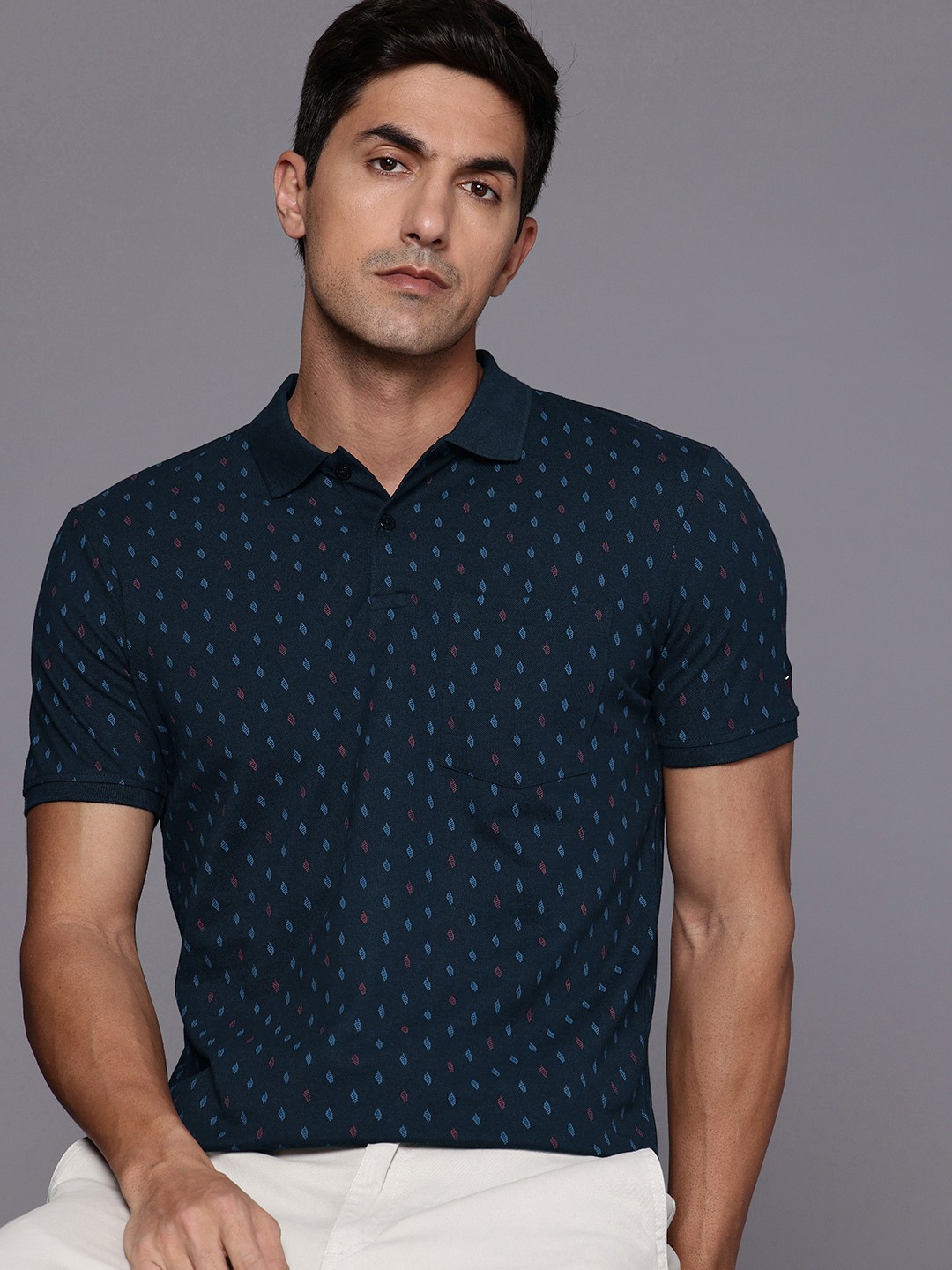 

Louis Philippe Sport Pure Cotton Printed Polo Collar Slim Fit Pocket T-shirt, Navy blue