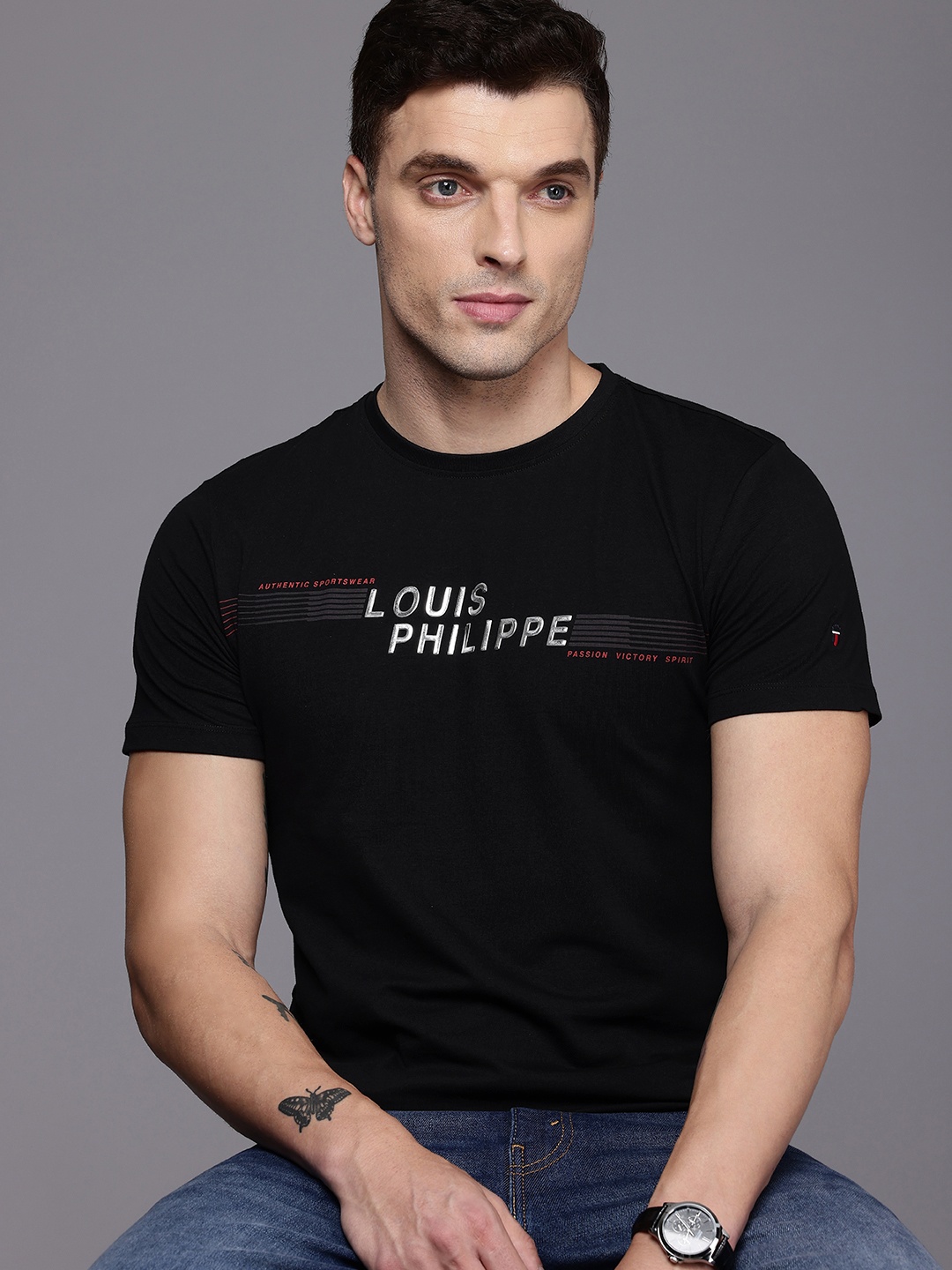 

Louis Philippe Sport Brand Logo Printed Slim Fit T-shirt, Black