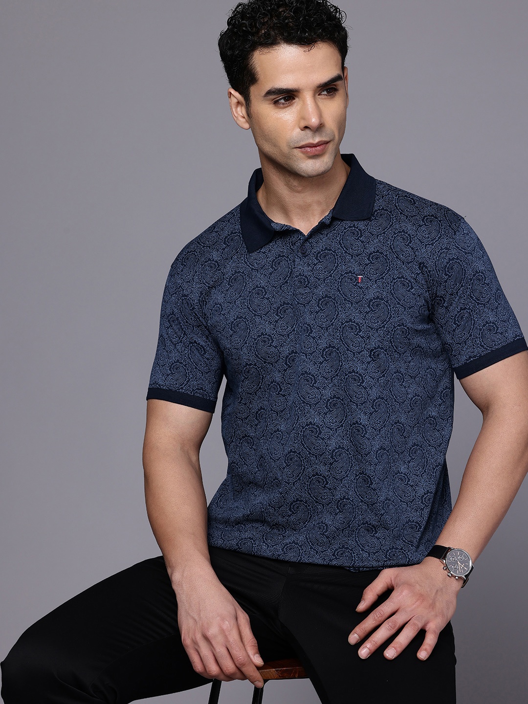 

Louis Philippe Sport Printed Polo Collar Pure Cotton Slim Fit T-shirt, Navy blue