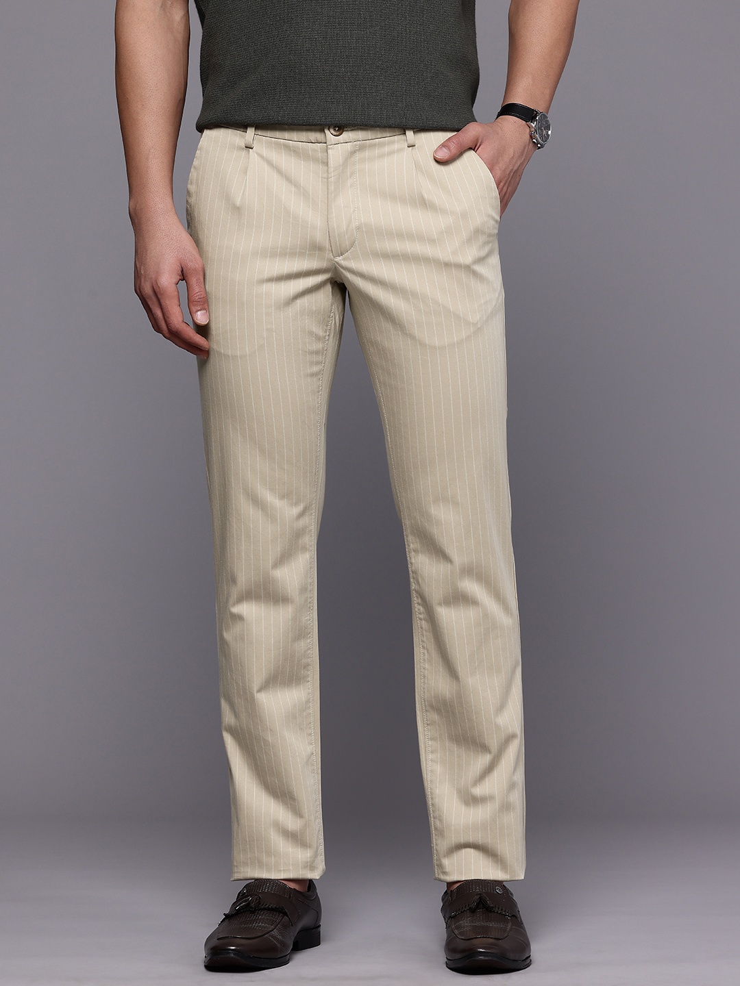 

Louis Philippe Sport Men Striped Slim Fit Trousers, Beige