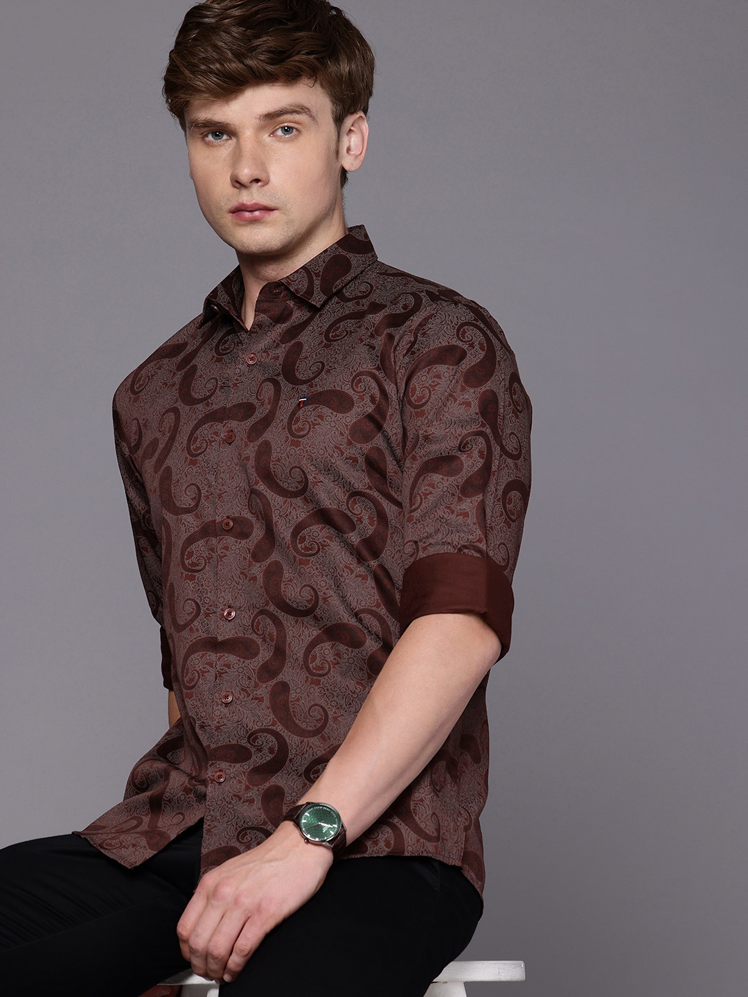 

Louis Philippe Sport Slim Fit Opaque Ethnic Motifs Printed Pure Cotton Casual Shirt, Maroon