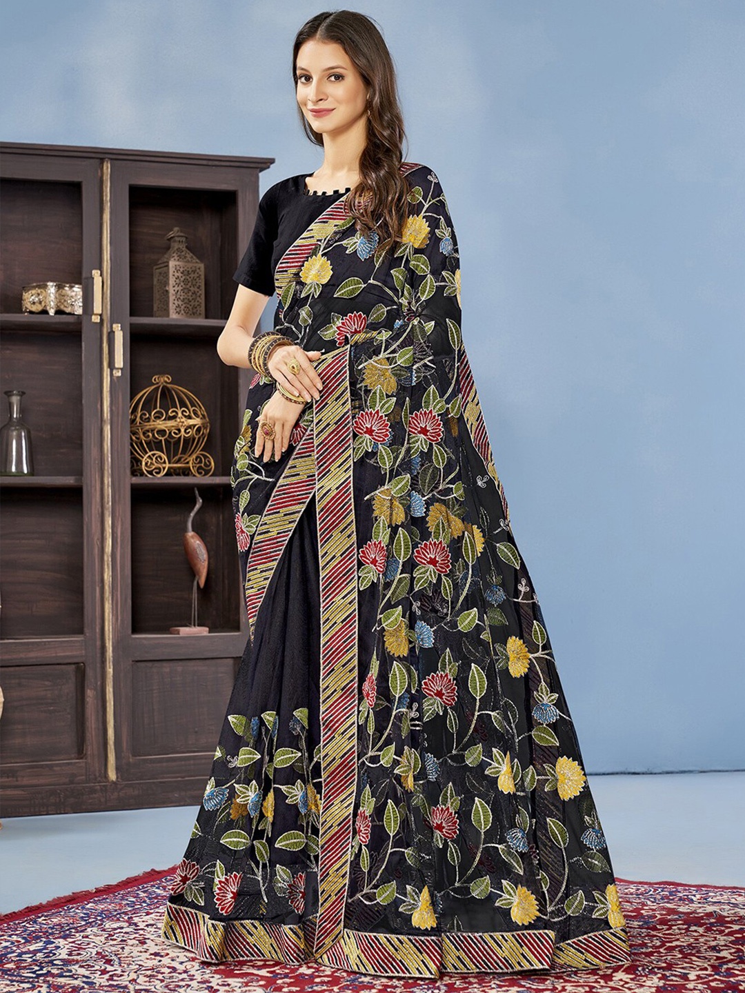 

Anouk Floral Embroidered Net Saree, Black