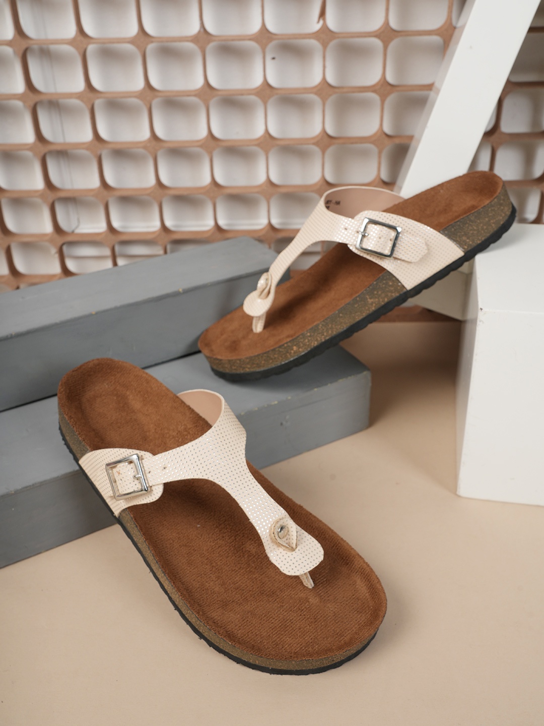 

MOZAFIA Women T-Strap Flats with Buckles, Cream