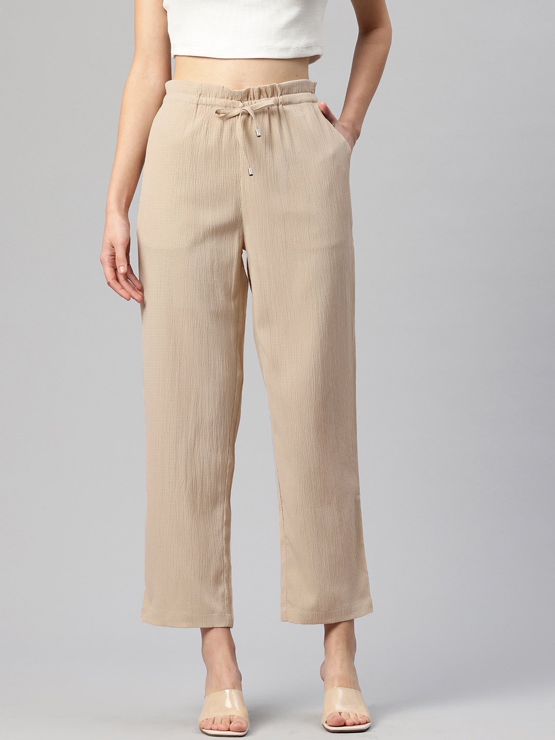 

Popnetic Textured High-Rise Trousers, Beige