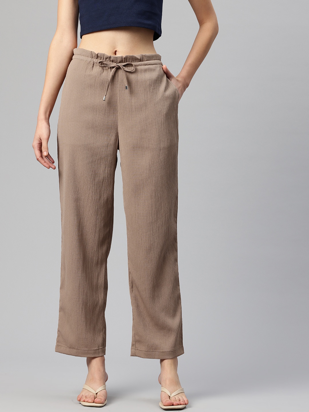 

Popnetic Textured High-Rise Trousers, Taupe