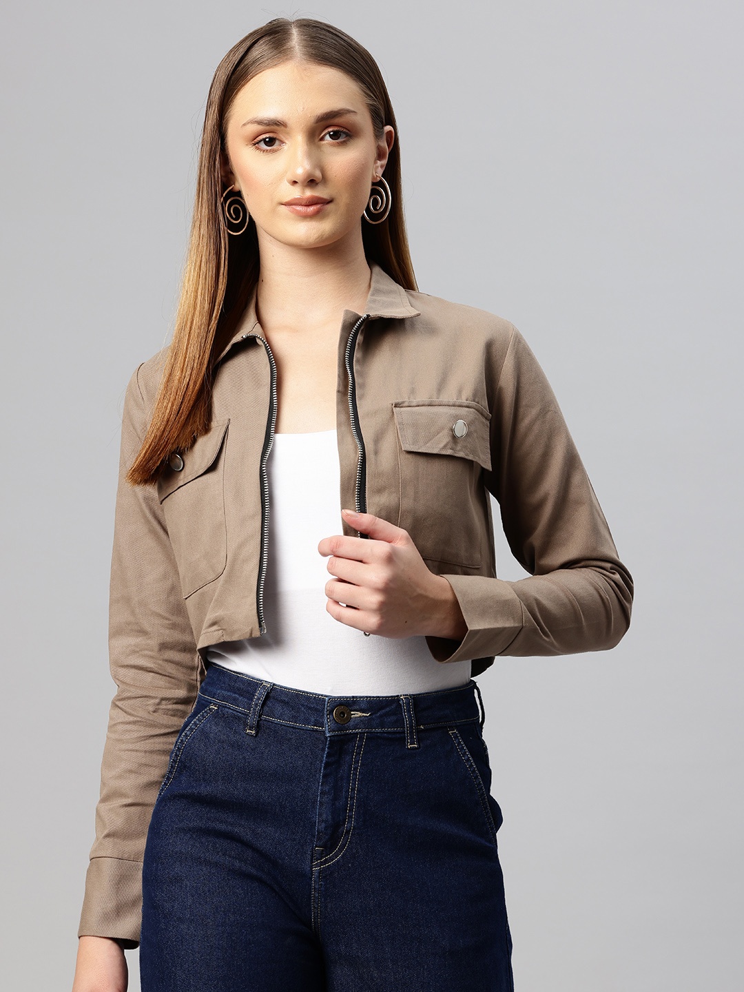 

Popnetic Pure Cotton Crop Tailored Jacket, Taupe