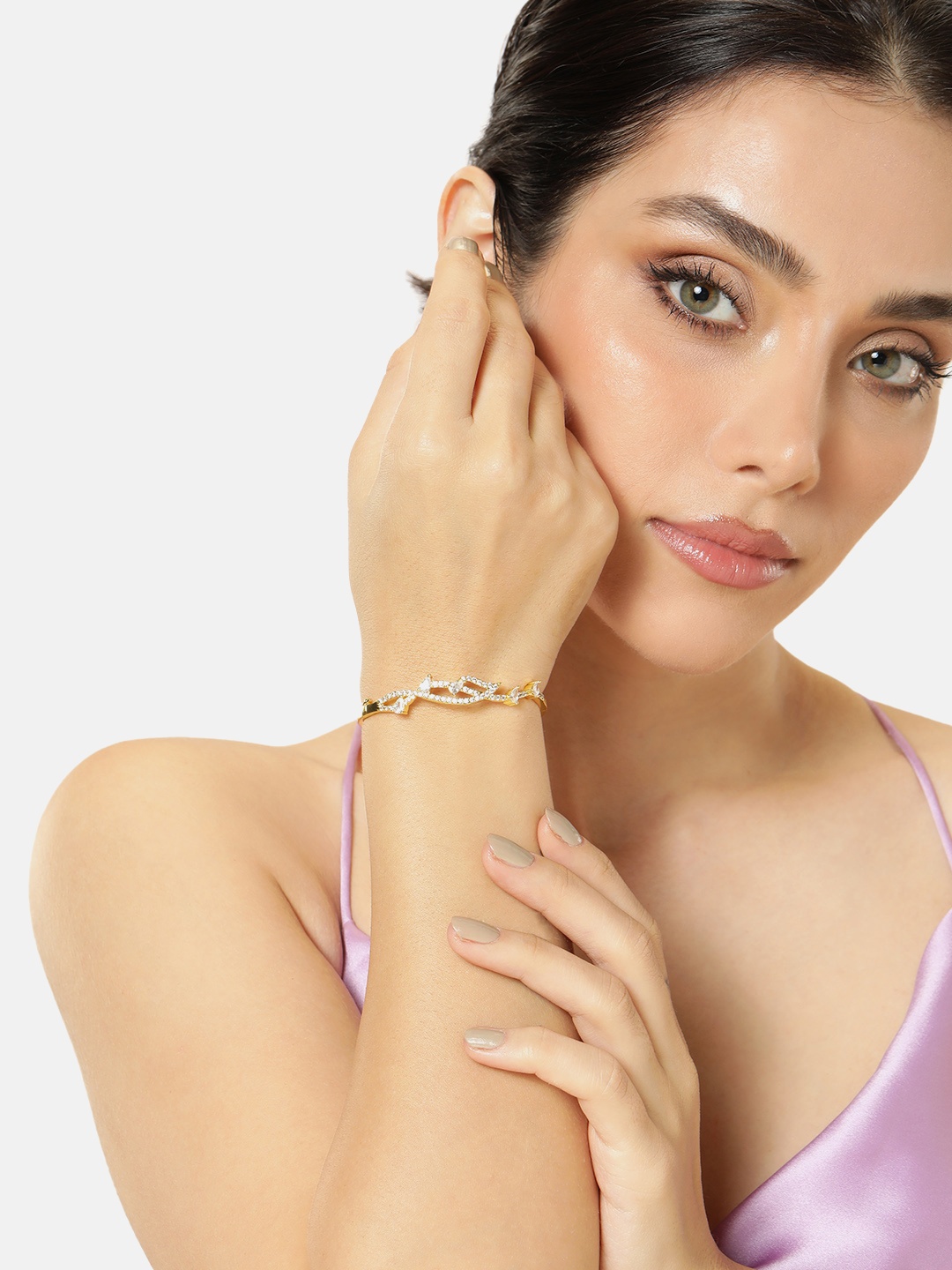 

Manikya Brass Cubic Zirconia Gold-Plated Bangle-Style Bracelet
