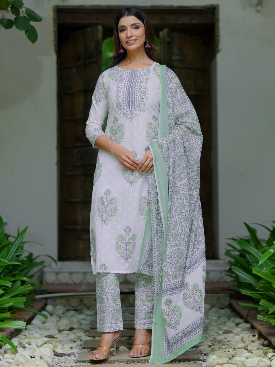 

Libas Floral Printed Gotta Patti Pure Cotton Straight Kurta with Trousers & Dupatta, Off white