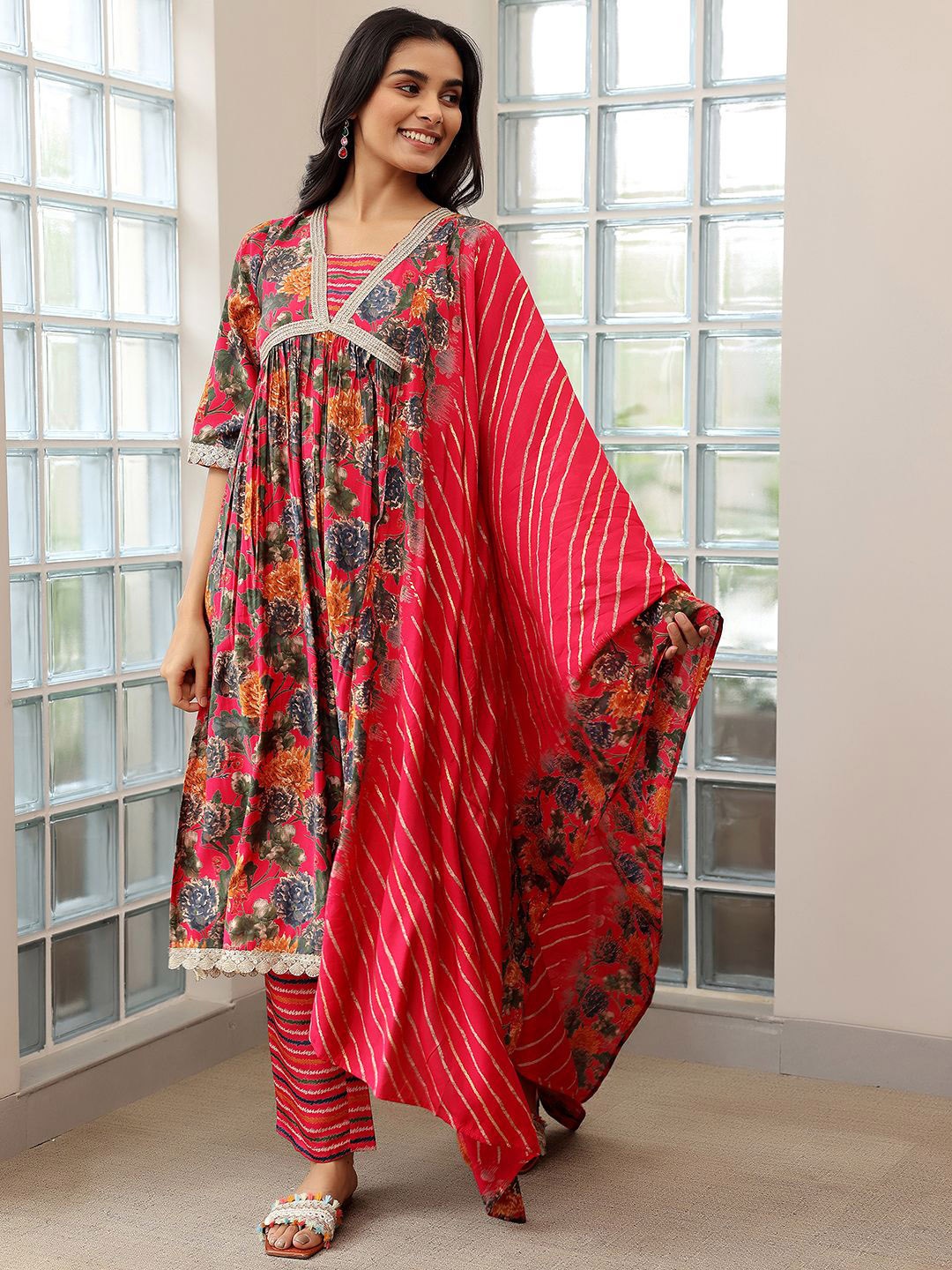 

Libas Floral Printed Empire Sequinned A Line Kurta with Trousers & Dupatta, Pink