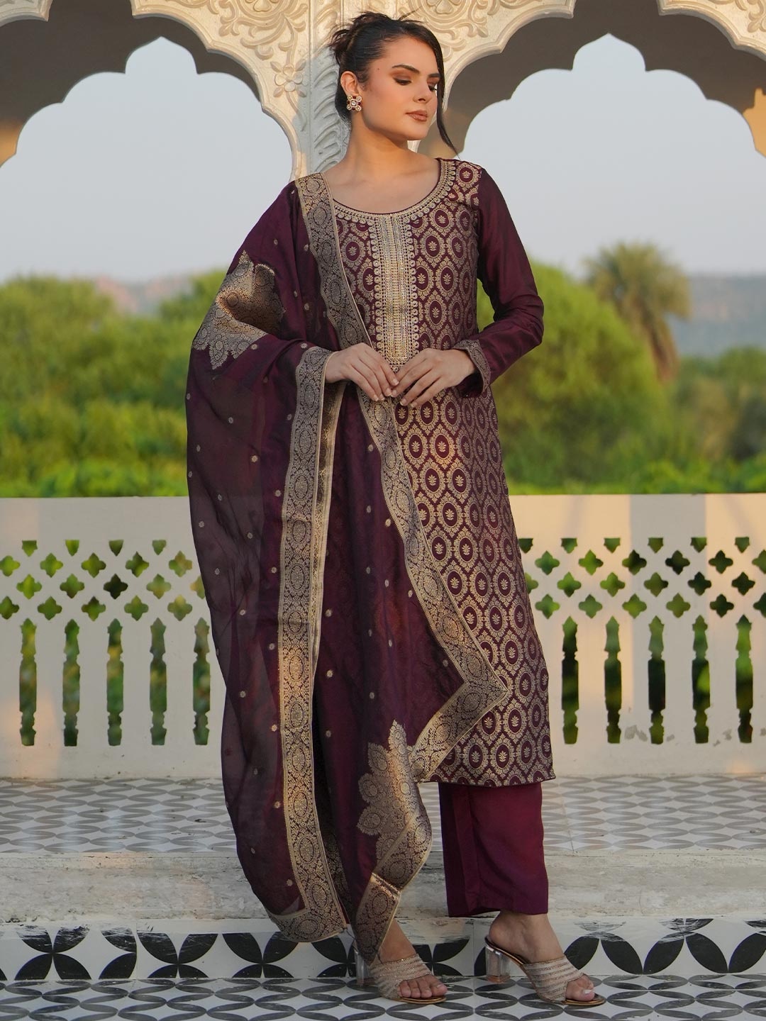 

Libas Ethnic Motifs Embroidered Zari A Line Kurta with Palazzos & Dupatta, Burgundy