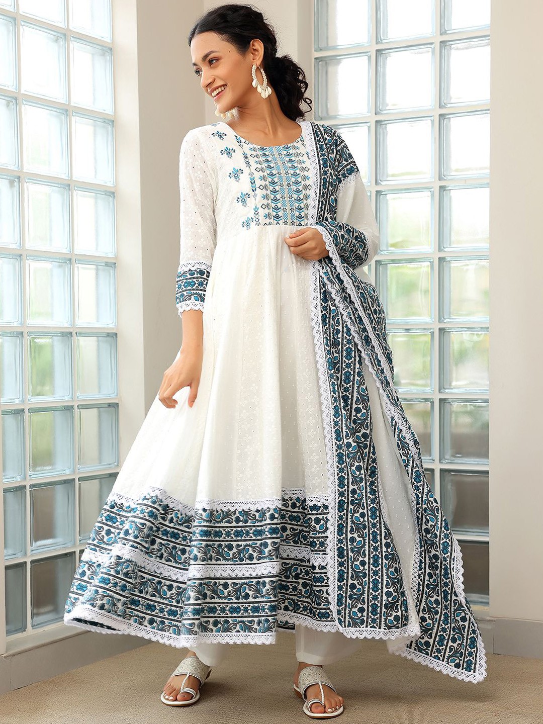 Libas Floral Printed Thread Work Pure Cotton Anarkali Kurta with Trousers & Dupatta, White