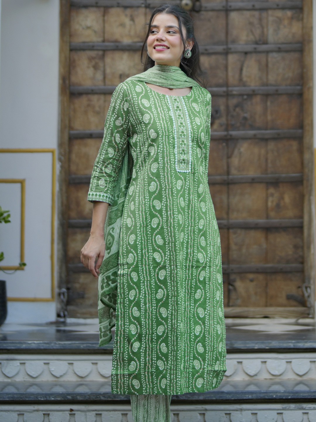 Libas Bandhani Printed Gotta Patti Pure Cotton Straight Kurta with Trousers & Dupatta, Green
