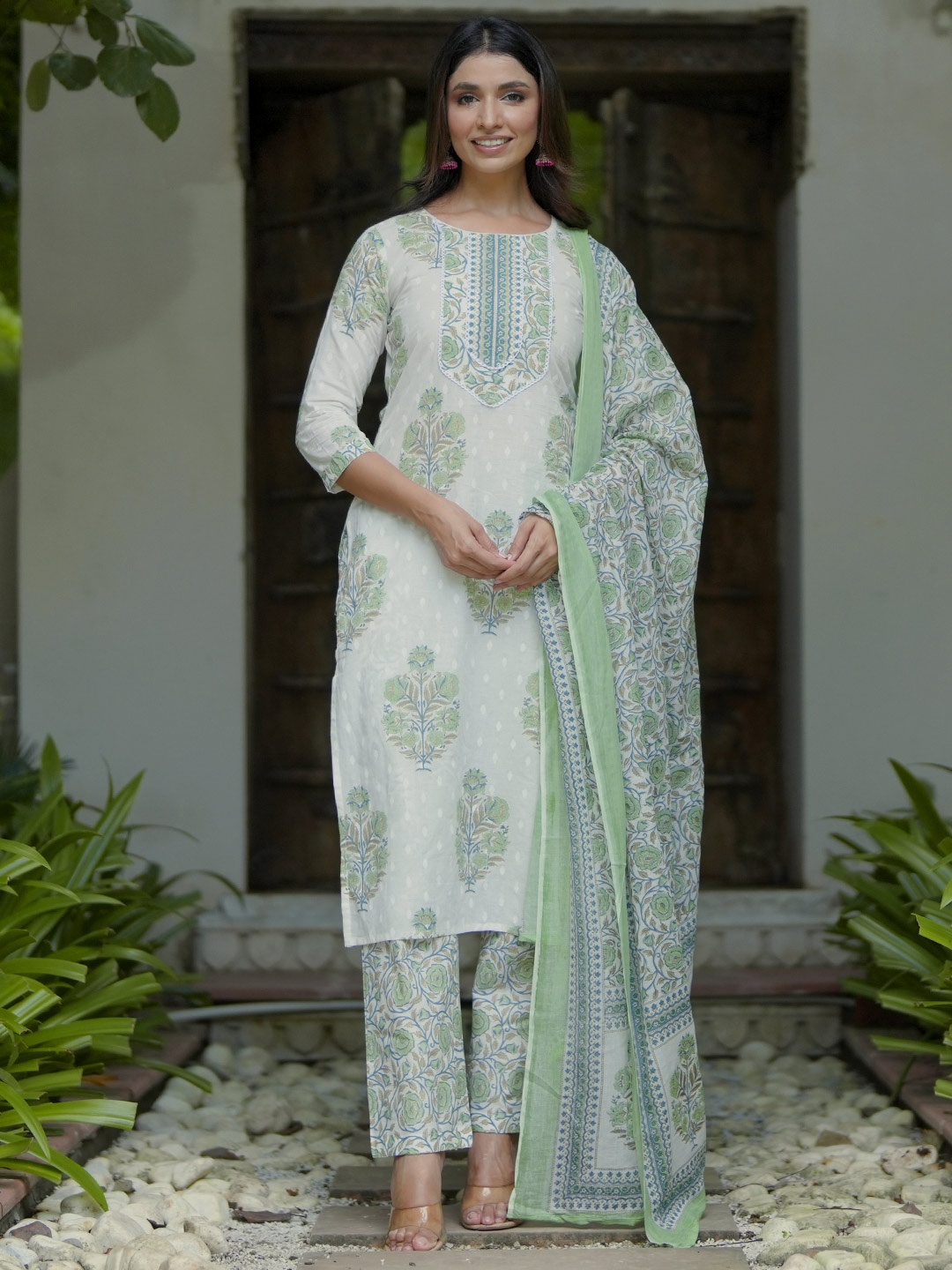

Libas Floral Printed Gotta Patti Pure Cotton Straight Kurta with Trousers & Dupatta, Off white