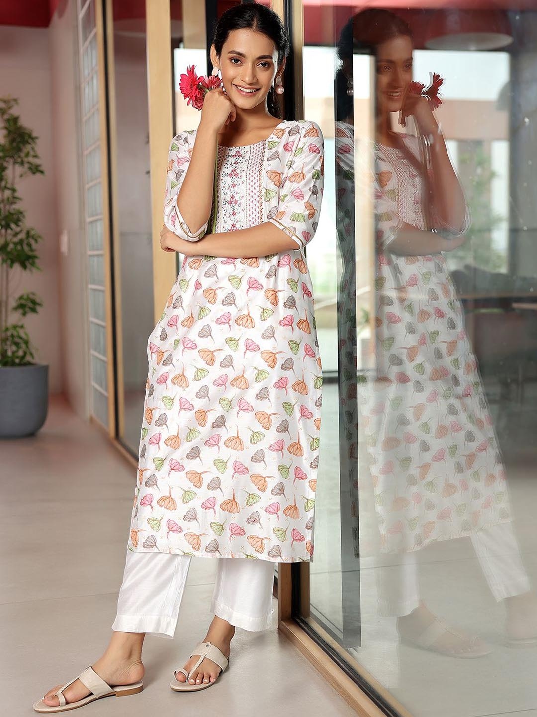 

Libas Floral Printed Regular Thread Work A Line Kurta with Palazzos, White