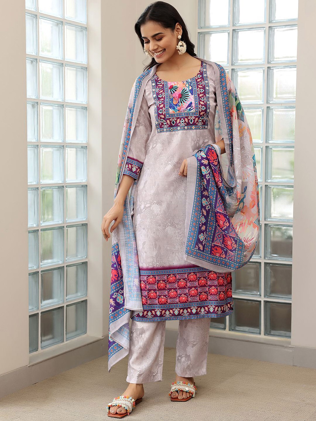 Libas Floral Printed Regular Mirror Work Linen Straight Kurta with Trousers & Dupatta, Grey