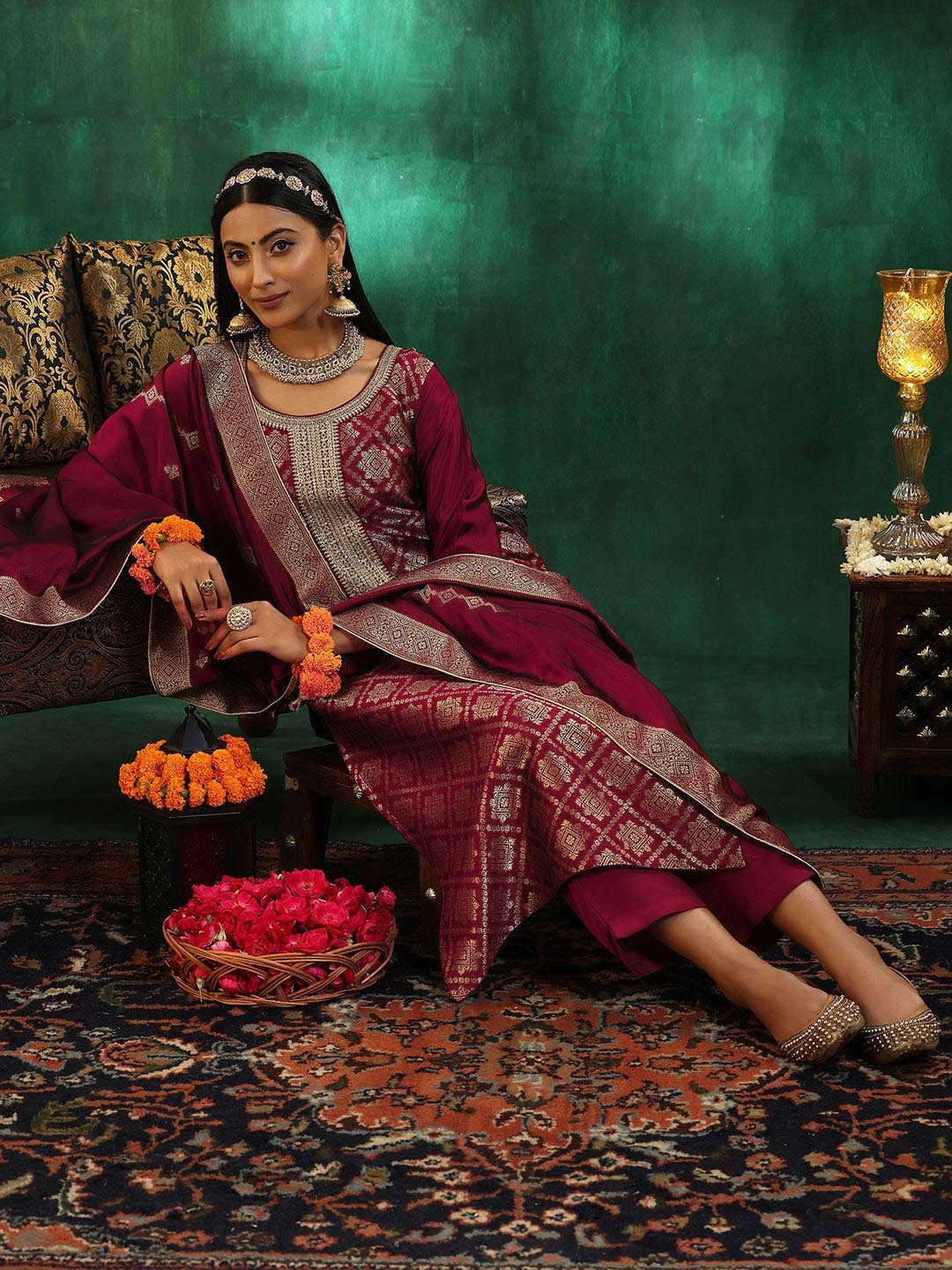 

Libas Ethnic Motifs Embroidered Zari Straight Kurta with Trousers & Dupatta, Maroon