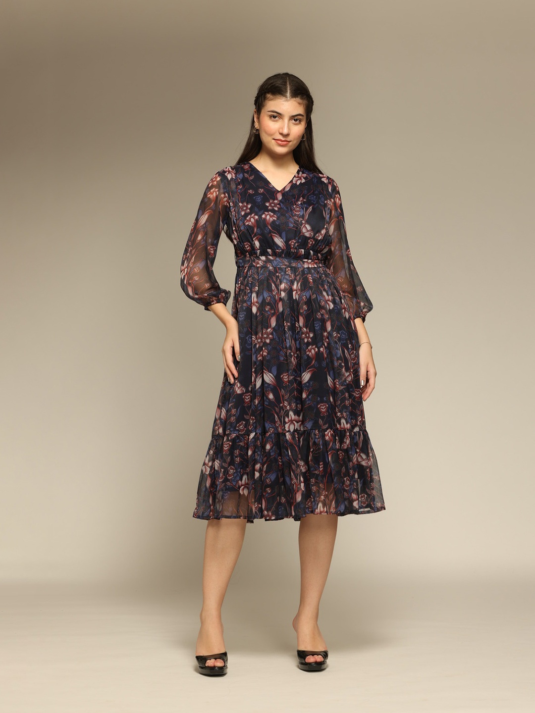 

OCTICS Women Floral Printed Puff Sleeve Fit & Flare Dress, Blue