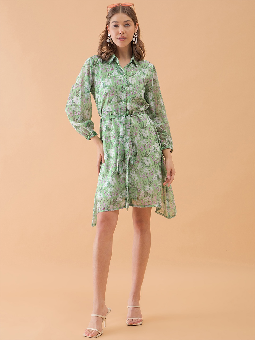 

OCTICS Floral Printed Georgette Flared Fit & Flare Dress, Green