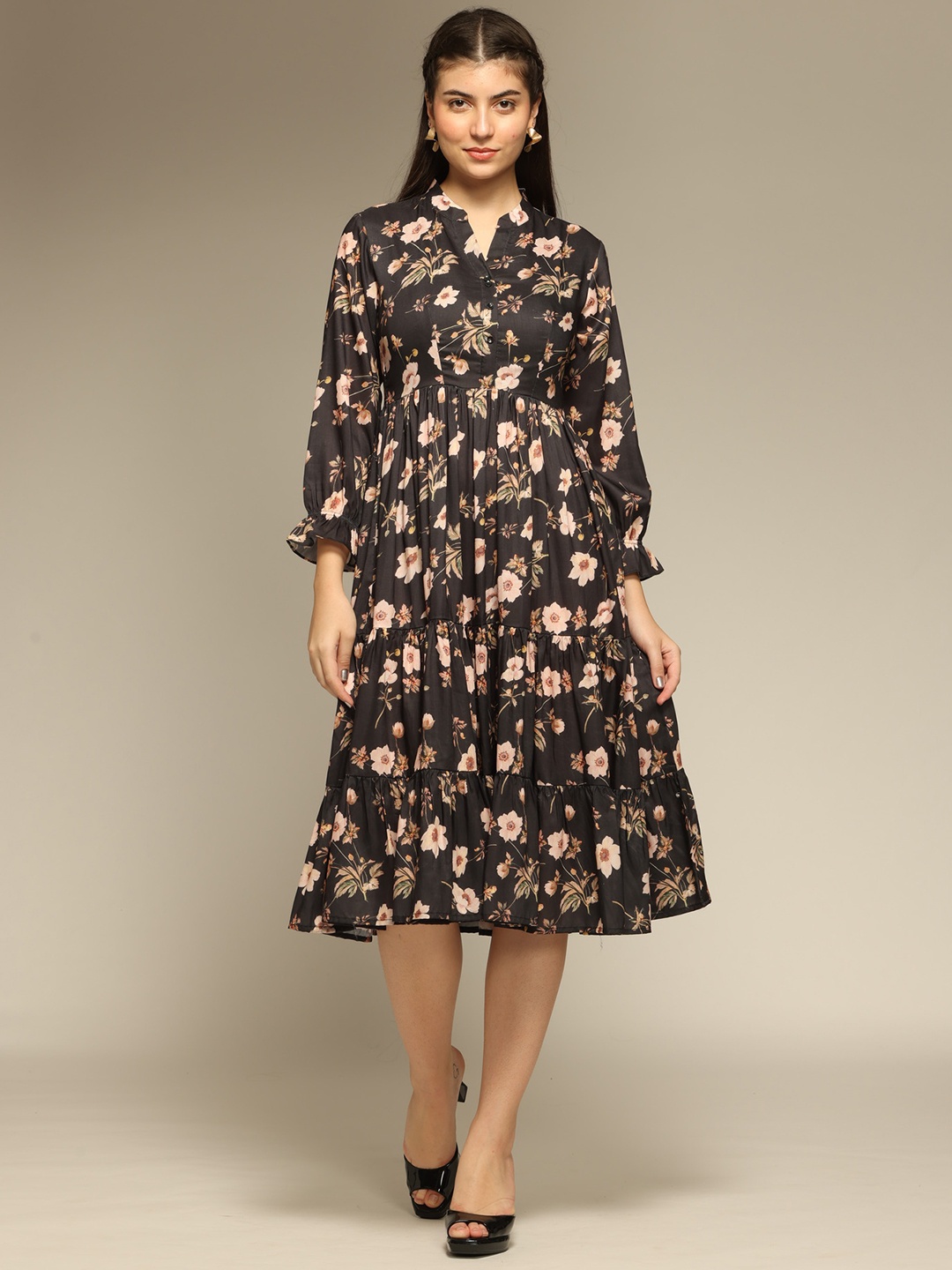

OCTICS Women Floral Print Fit & Flare Dress, Black